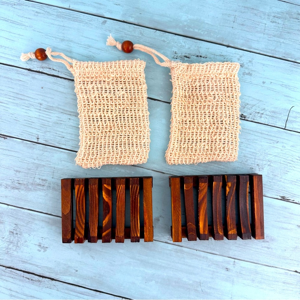Soap Saver Bag and Wood Soap Dish TWO of Each